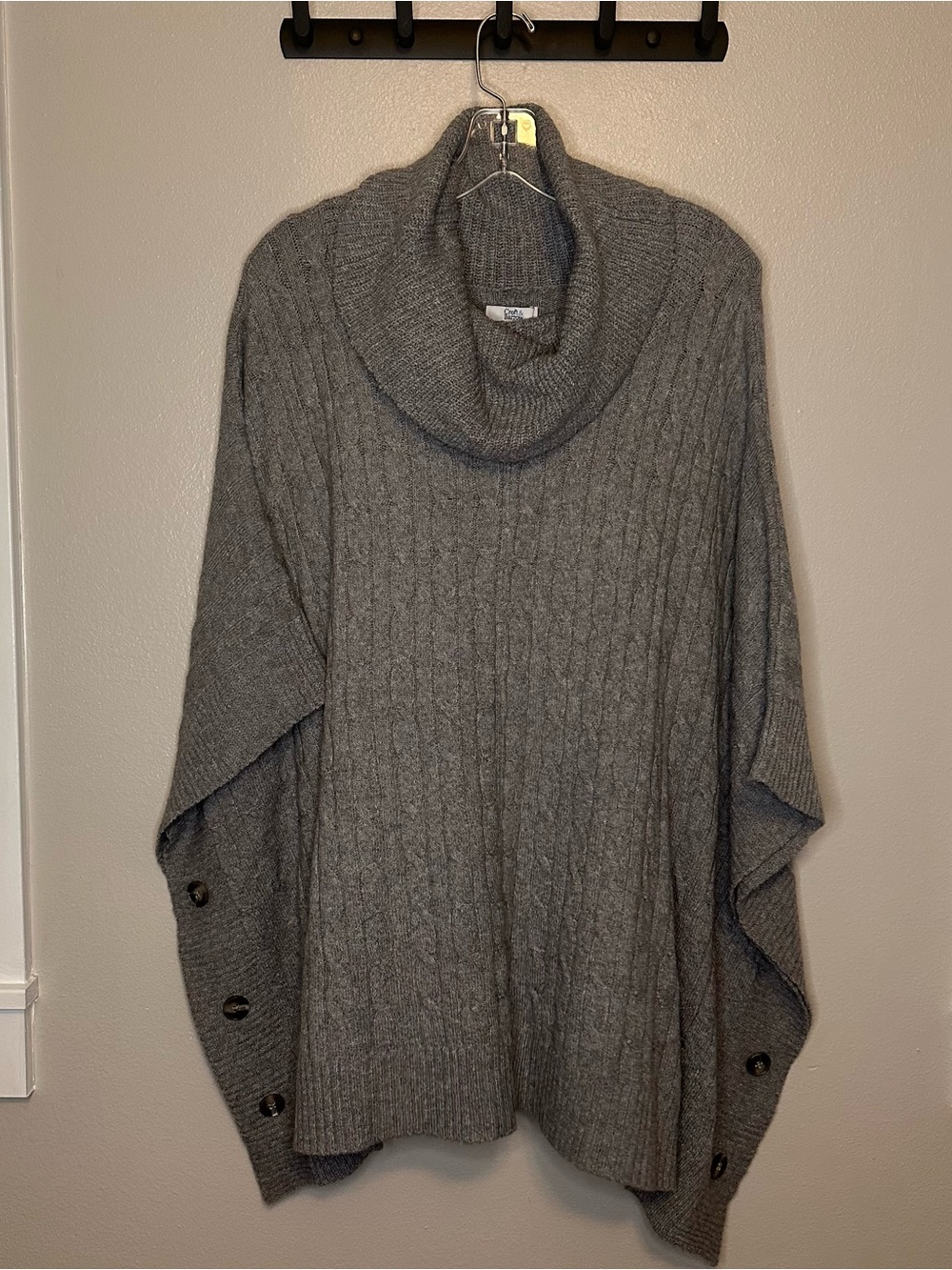 croft & barrow Gray Cable Knit Cowl Neck Poncho with Button Trim